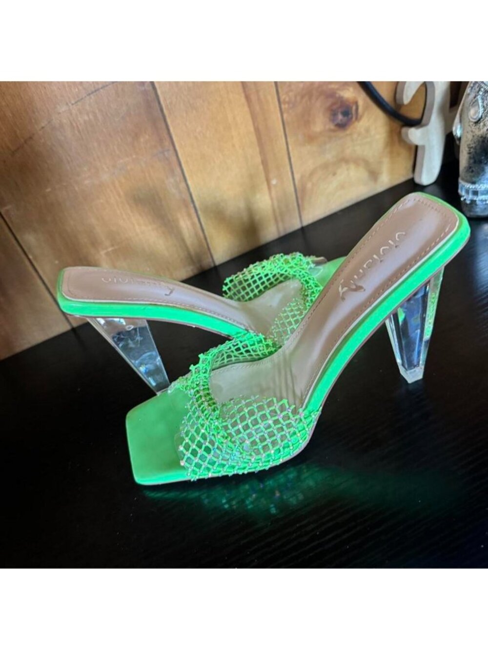 Vivianly Neon Green Rhinestone Mesh Clear Heels